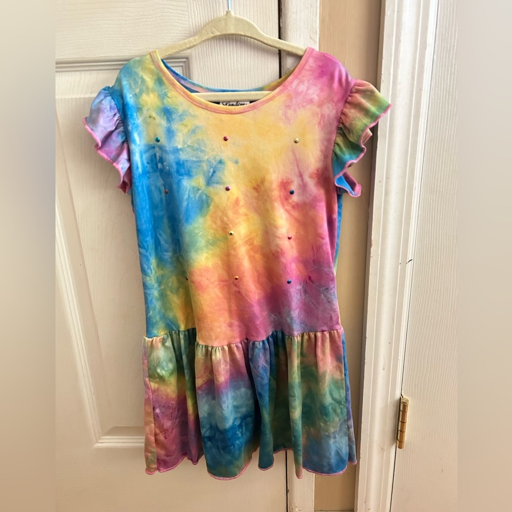 Random hearts Girls tie dye dress. Rhinestones on the front